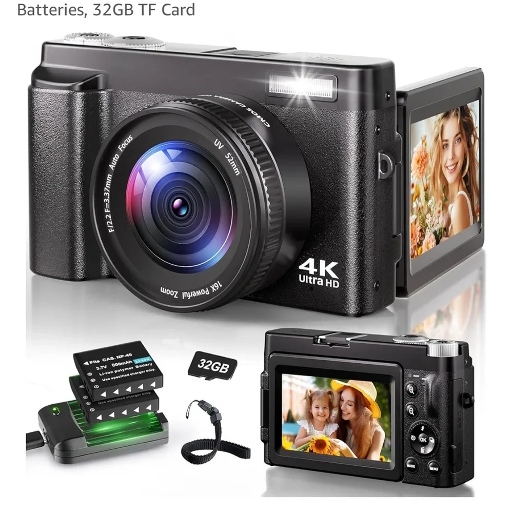 4K Ultra HD Compact Digital Camera in Black with Flip LCD